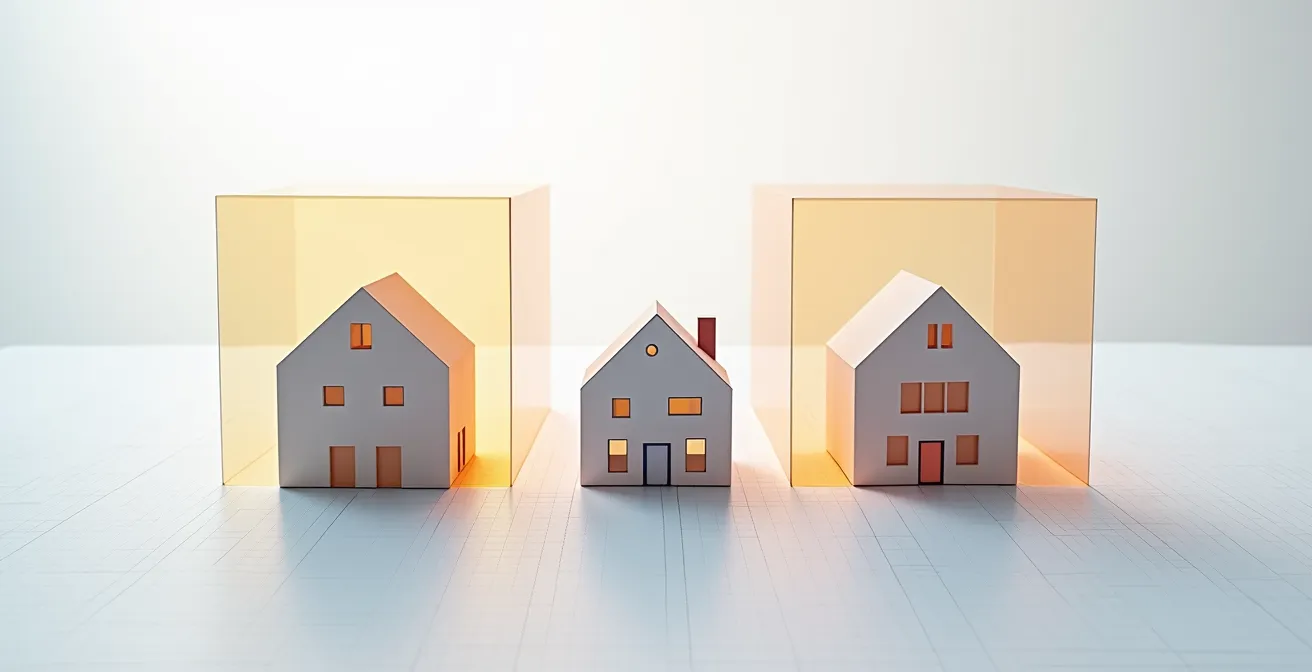 Vue aérienne comparative montrant trois types d'habitations avec zones de protection visualisées