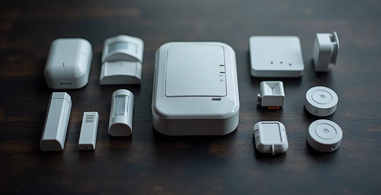 Kit d'alarme sans fil déballé avec centrale, détecteurs et accessoires disposés méthodiquement