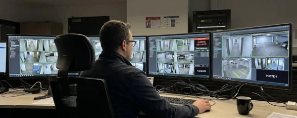 Opérateur de télésurveillance de dos devant plusieurs écrans de monitoring affichant des grilles de surveillance et notifications d'alertes dans un centre de contrôle professionnel