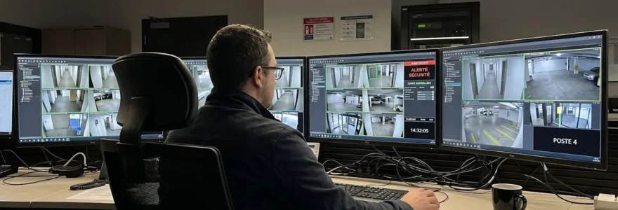 Opérateur de télésurveillance de dos devant plusieurs écrans de monitoring affichant des grilles de surveillance et notifications d'alertes dans un centre de contrôle professionnel