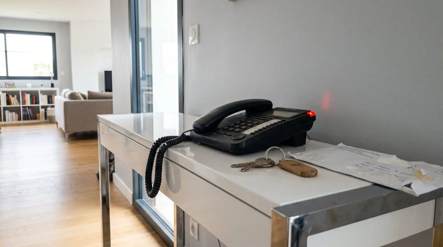 Téléphone fixe sonnant posé sur une console d'entrée de maison contemporaine, voyant d'appel clignotant, arrière-plan salon flou avec lumière naturelle