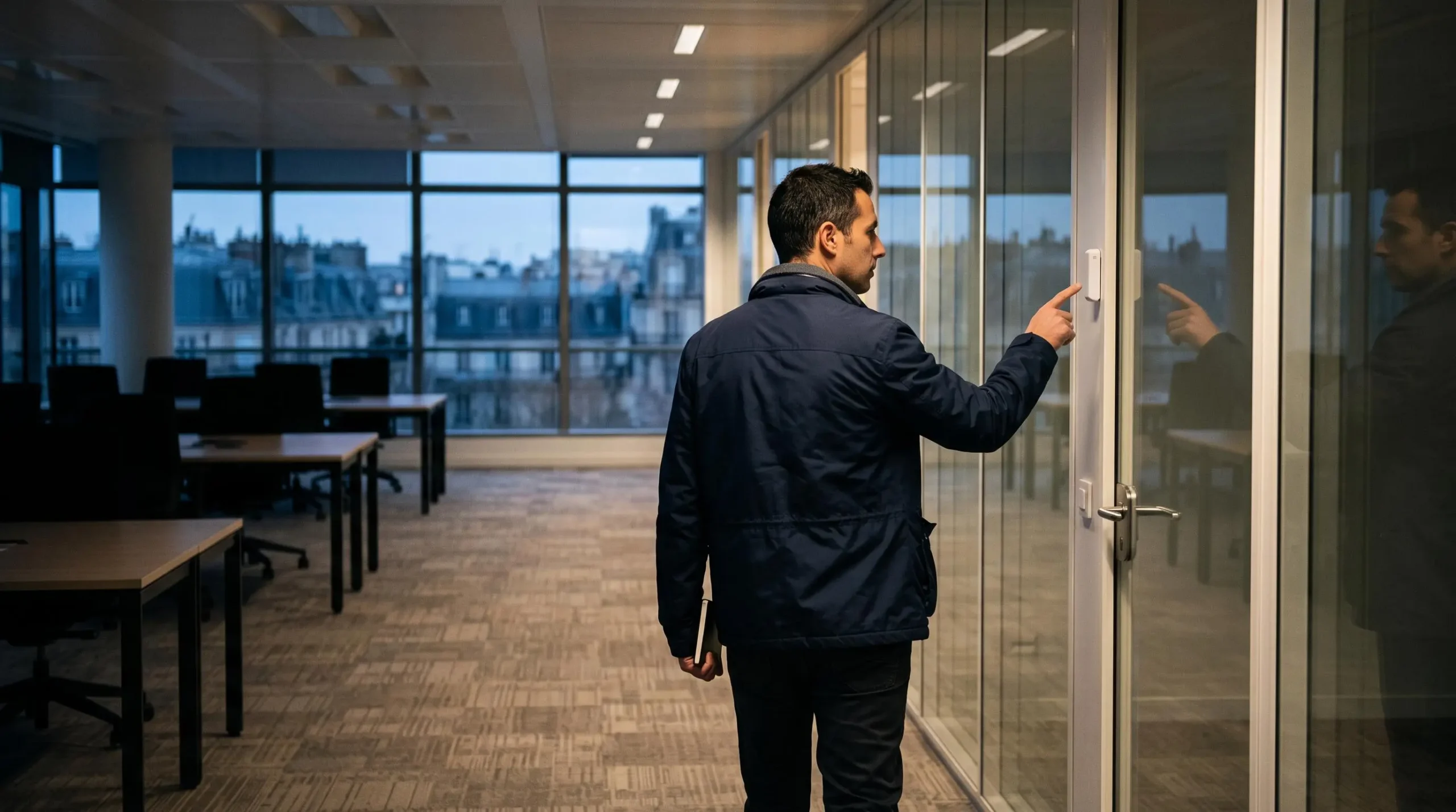 Un consultant examine un capteur posé sur une porte vitrée dans des bureaux vides.