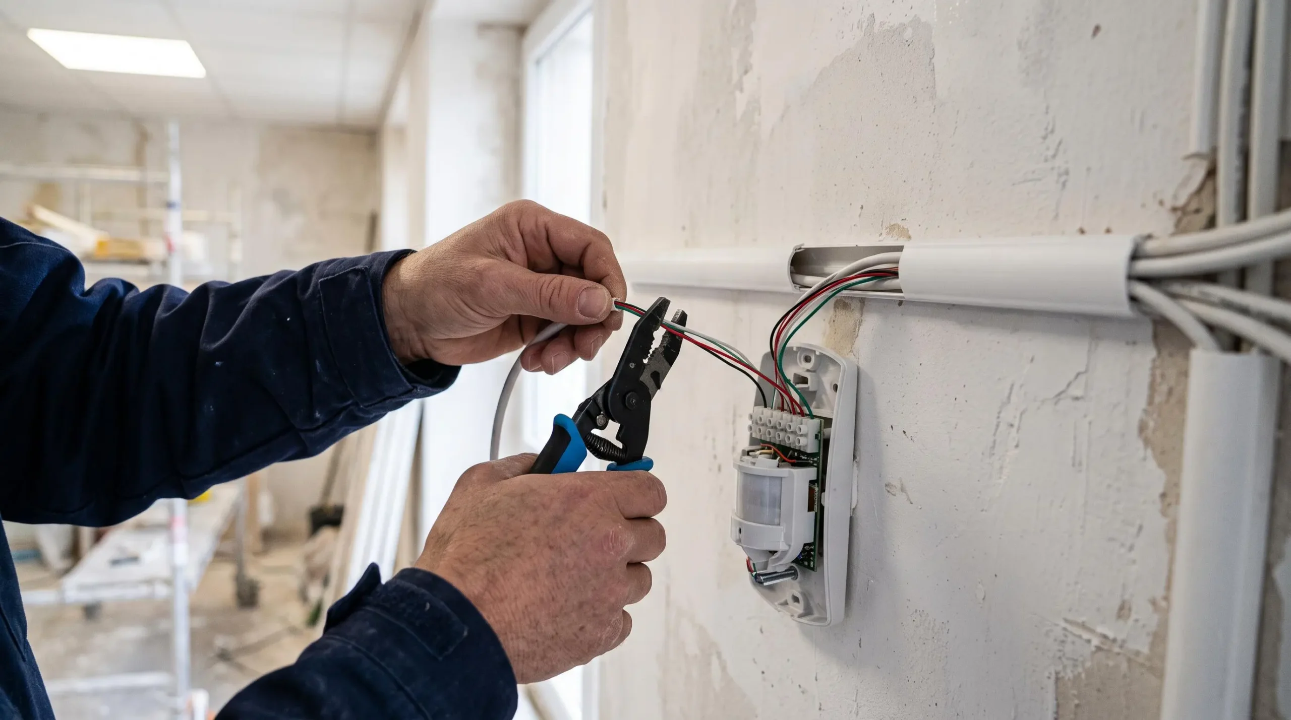 Des mains de technicien raccordent le câblage d'un détecteur d'alarme filaire.