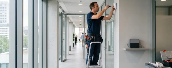 Un technicien installe un détecteur d'alarme sans fil au mur d'un bureau.