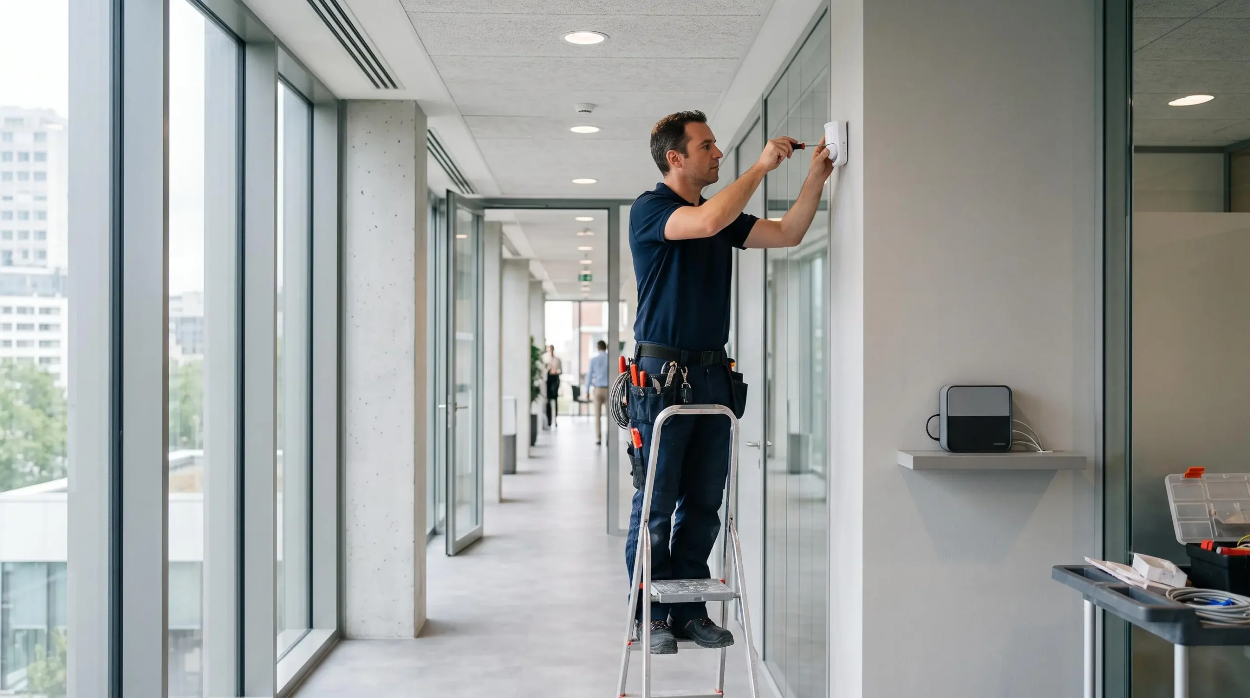 Un technicien installe un détecteur d'alarme sans fil au mur d'un bureau.